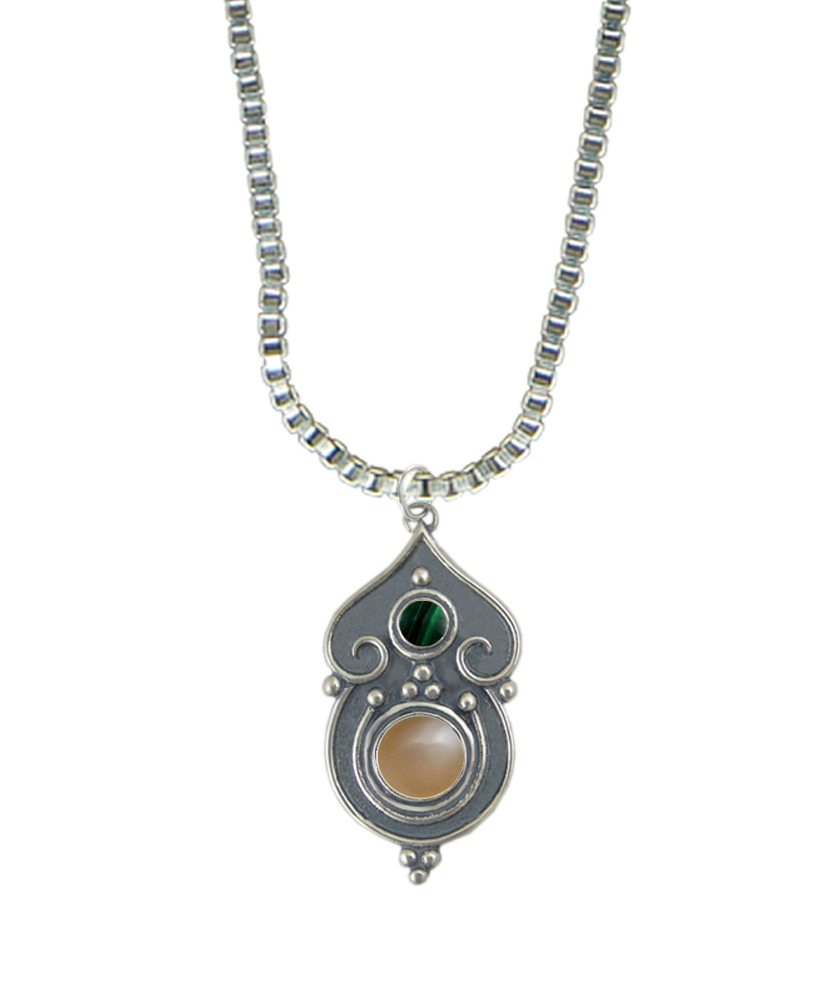 Sterling Silver Necklace Peach Moonstone And Malachite